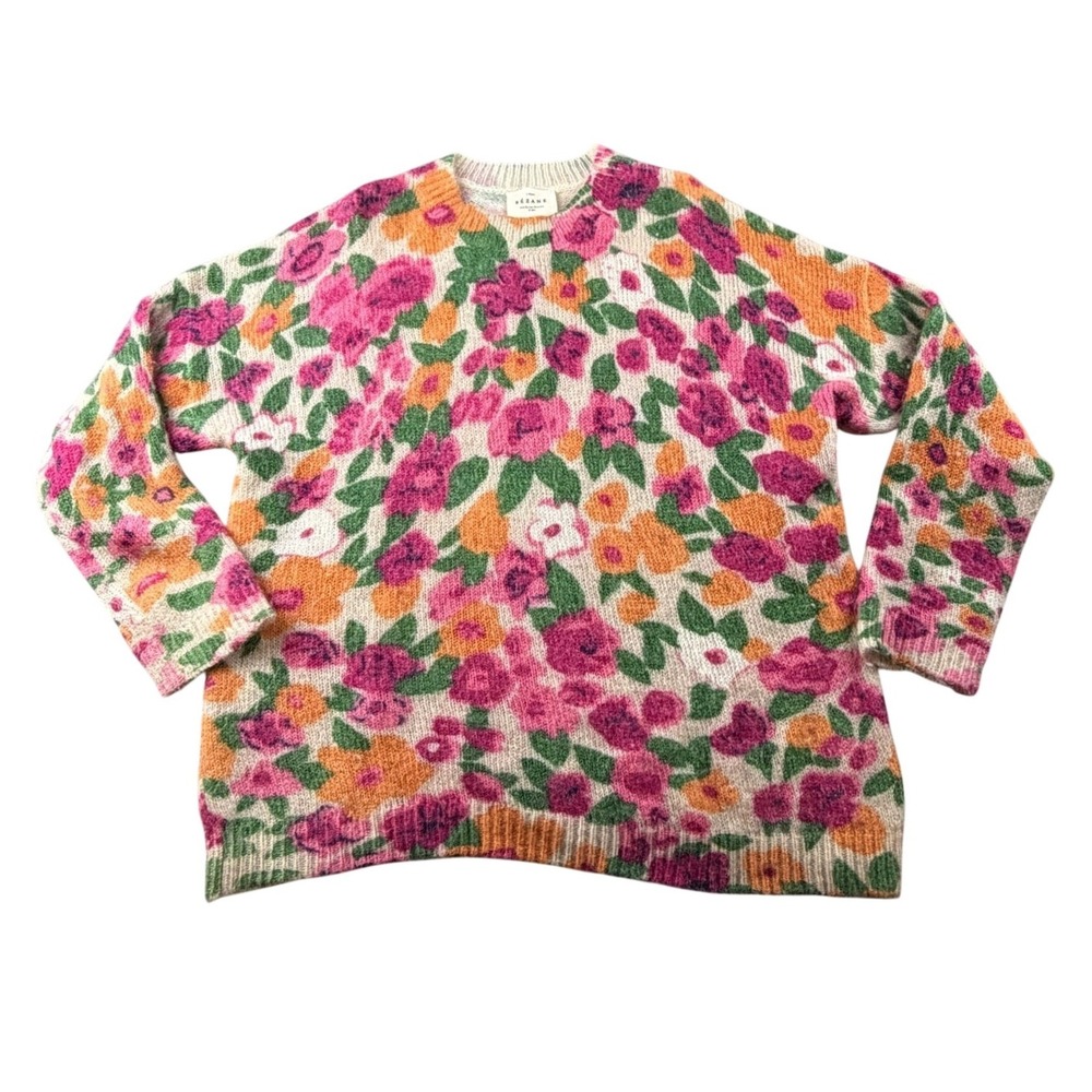 Sezane Sweater Women L Multi Color Fleur Jumper Wool Mohair Floral Cottagecore